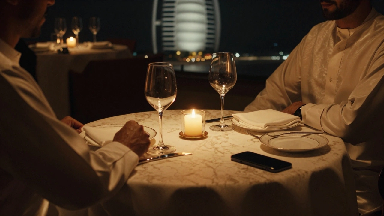 A private dining table set for two at Burj Al Arab with candles, wine, and fine china in dim light.