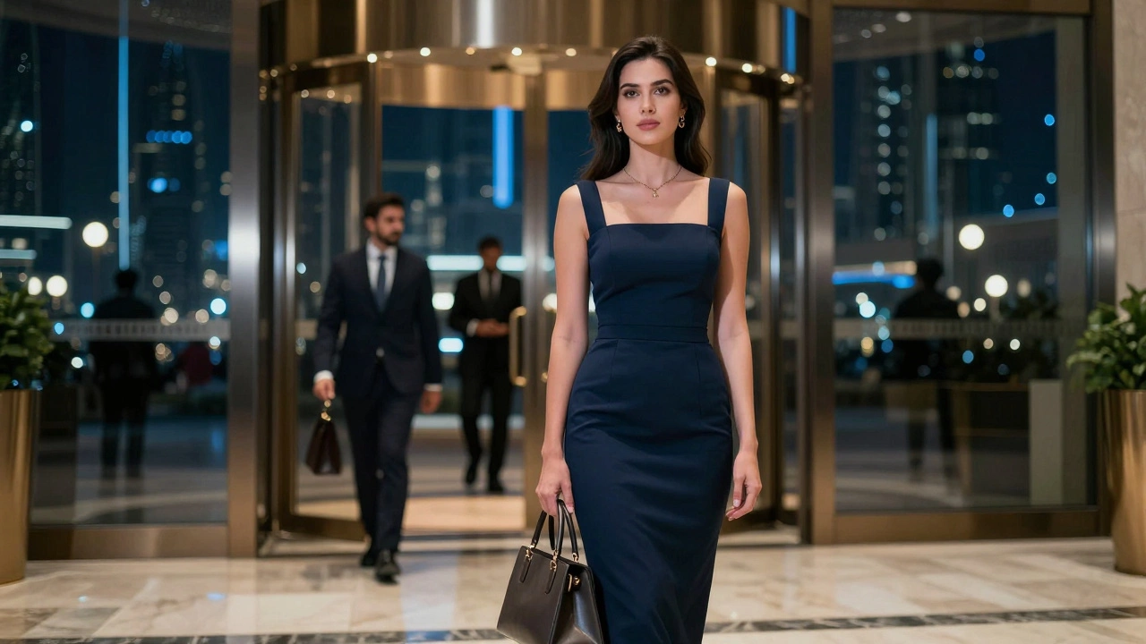 A woman in elegant evening attire standing calmly outside a luxury hotel under soft night lights.